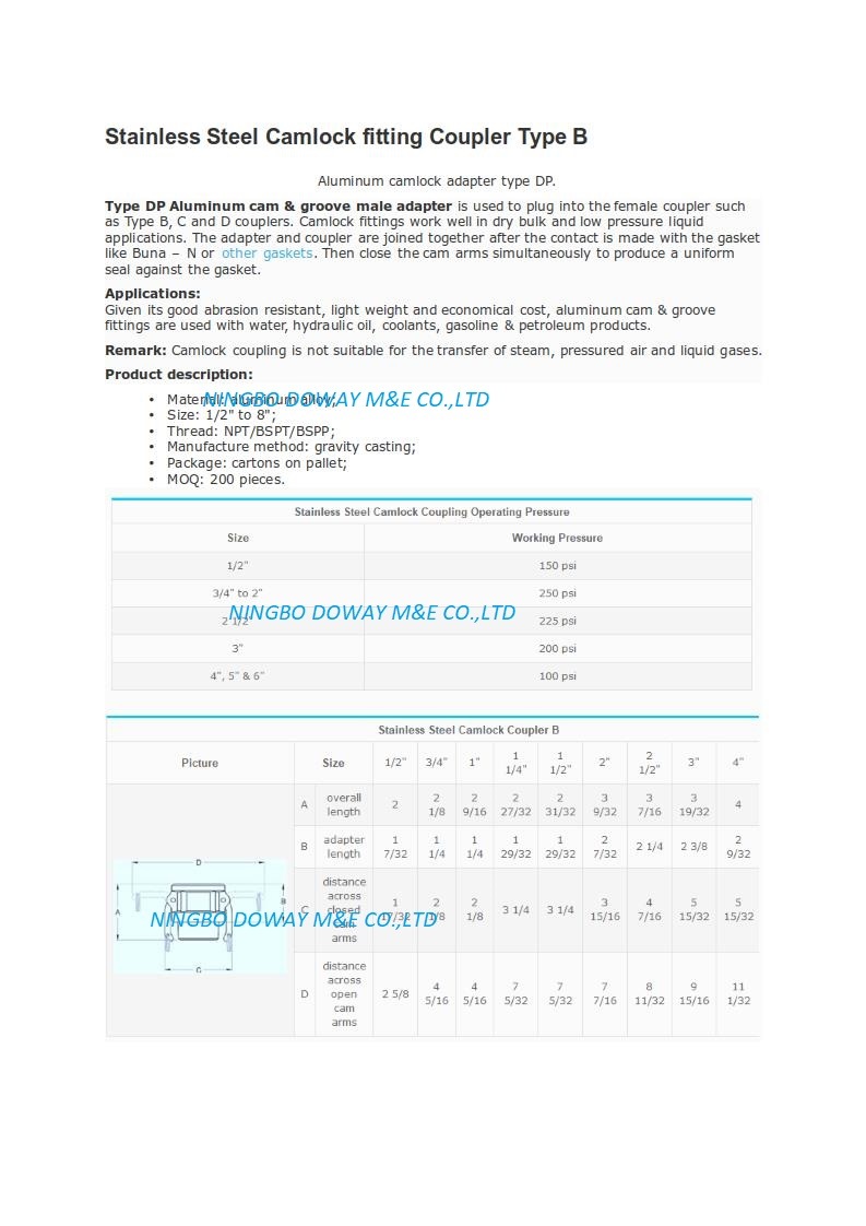 Stainless Steel Camlock Fitting Coupler Type B