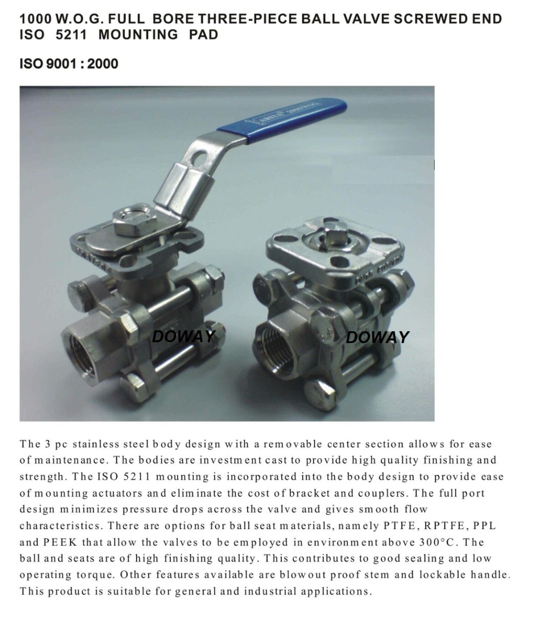Custom Factory ISO5211 Mounting Pad Stainless Steel Body Ball Valve