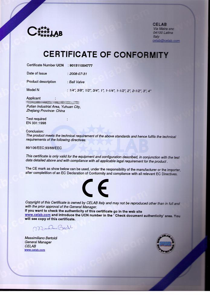 CERTIFICATE OF Valve And fitting
