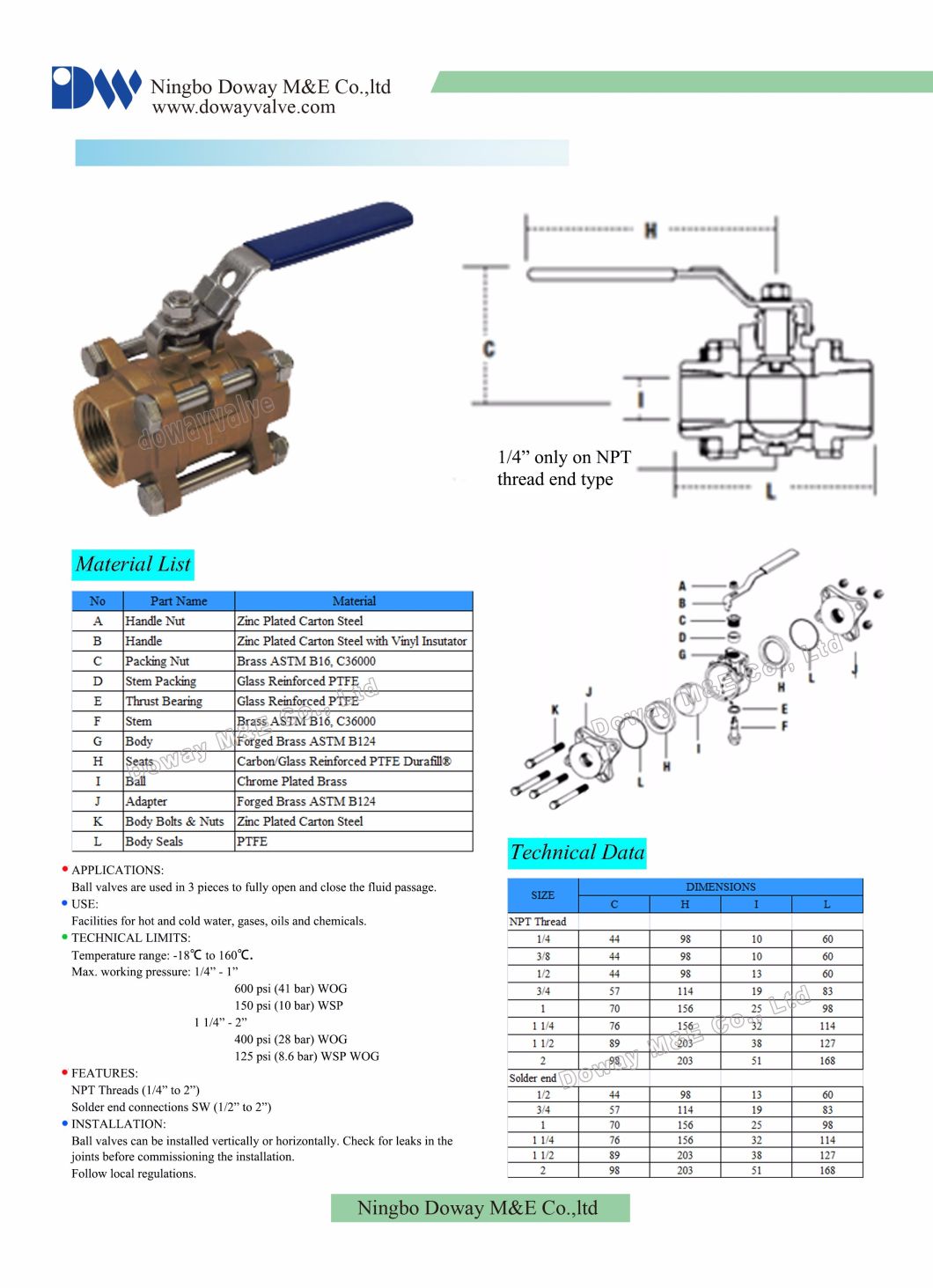 OEM China Supplier High Quality 3PC Lead Free Brass Ball Valve