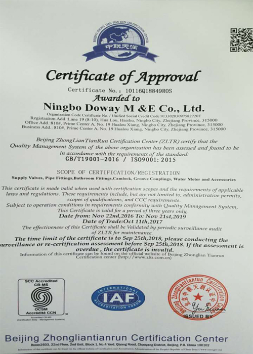 ISO9001 of Brass Filter